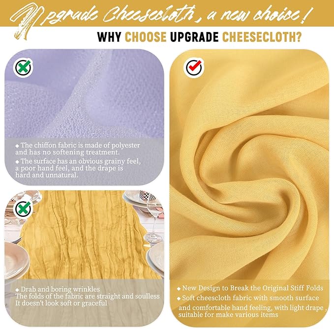 24 Packs Gold Cheesecloth Table Runner,10ft Gold Yellow Rustic Gauze Boho Wedding Table Runner Decoration, Wedding Table Decor Sheer Table Runner for Wedding Party Bridal Shower Table