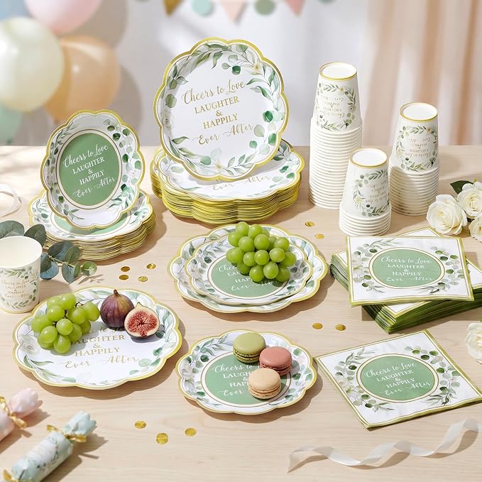 Funnymoom 250 Pcs Eucalyptus Leaves Bridal Shower Party Decorations Sage Green Cheers to Love Paper Plates Napkins Cups Disposable Tableware Set for Wedding Engagement Party Supplies, Serves 50