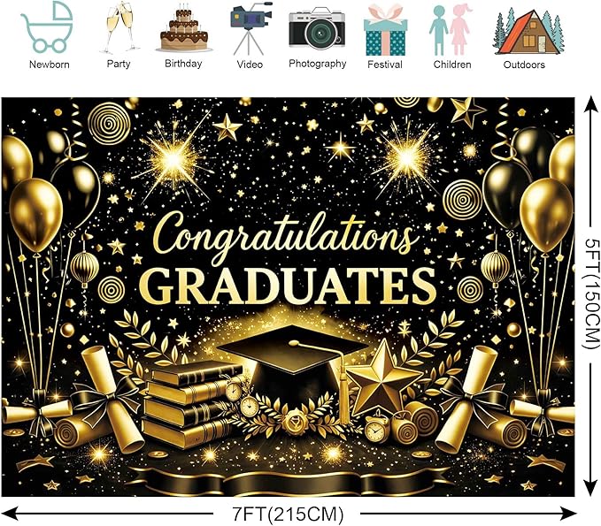 Class of 2026 Graduation Backdrop - 7x5ft Congraduations Graduate 2026 Photo Booth Background for Prom Party with Black and Gold Congrats Grad Banner Supplies Decor (Black)