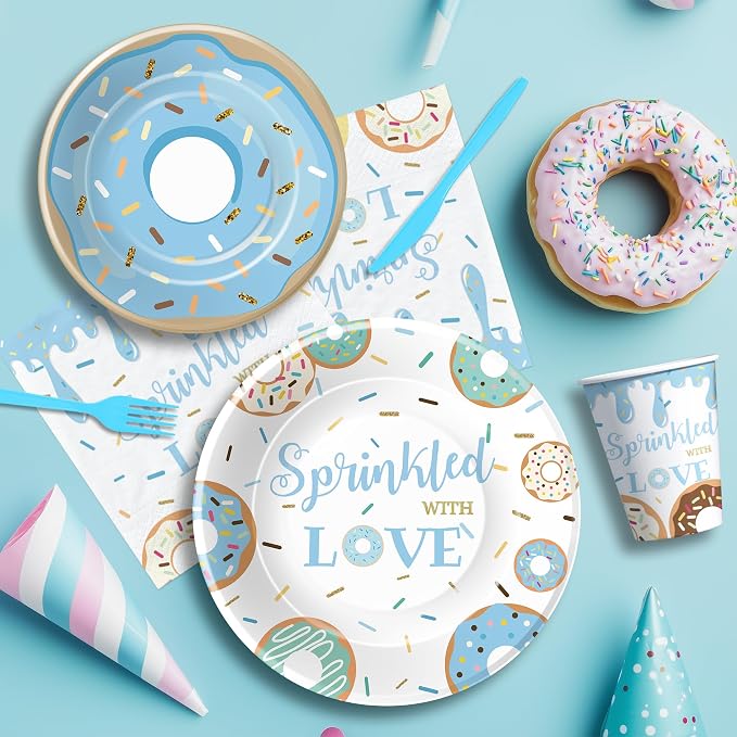 Donut Baby Sprinkle Decorations Boy, Blue Sprinkled with Love Theme Donut Baby Shower Party Supplies, Disposable Paper Plates, Cups, Napkins, Banner, Swirls, Cutlery, Tablecloth, Serves 24
