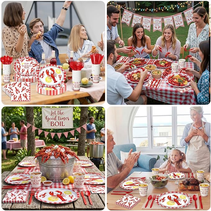 Pajean 350 Pcs Crawfish Boil Party Decorations 12 in Disposable Oval Plates and Napkins Let The Good Times Boil Heavy Duty Paper Tableware Set for 50 Guests Lobster Seafood Picnic BBQ Party Supplies