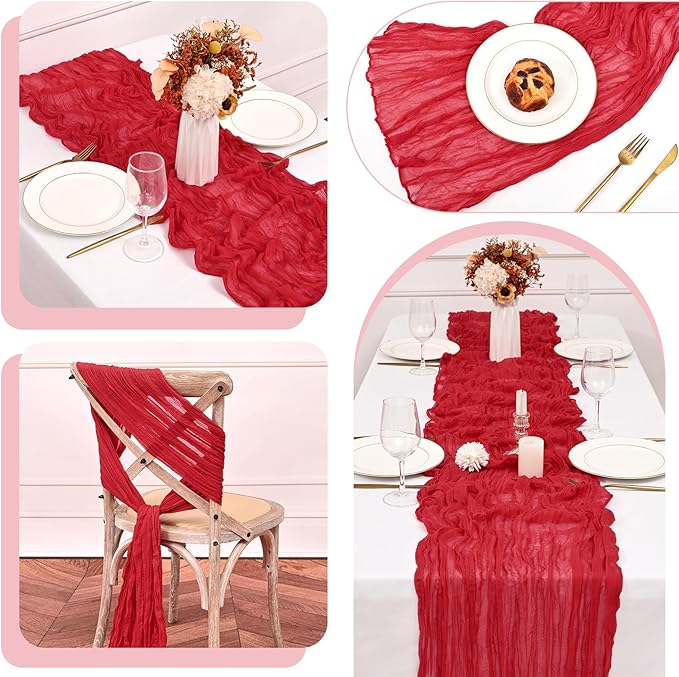 8 Pack 10Ft Cheesecloth Table Runner Red, 20 x 120 Inch Rustic Gauze Boho Cheese Cloth Wedding Long Table Runner for Wedding Party Bridal Shower Decoration