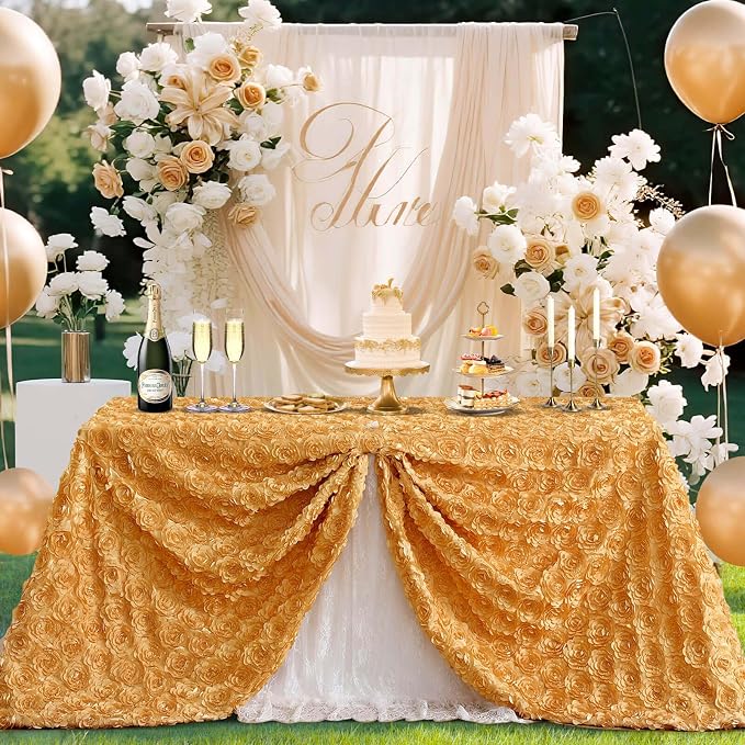 B-COOL Gold Rosette Tablecloth 3D Satin 60x102 Inch Rectangle Flower Table Cloths Overlay for Wedding Birthday Anniversary Party Outdoor Ceremony Floral Table Decorations