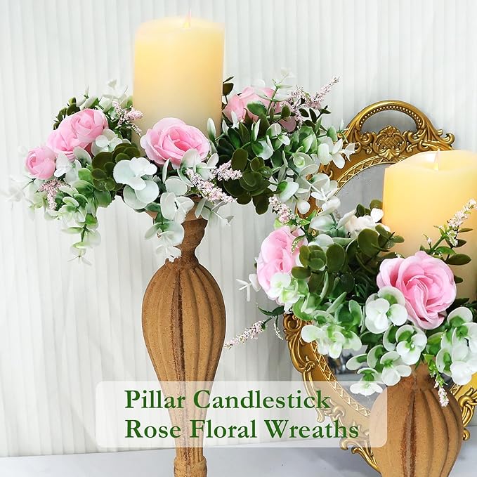 4 Pcs Rose Candle Rings - Artificial Pink Floral Wreaths with Eucalyptus Leaves Greenery Garland for Pillar Candleholders Wedding Centerpiece Party Home Table Decor