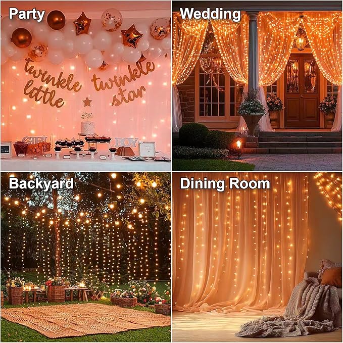 HXWEIYE 300LED Fairy Curtain Lights, 9.8x9.8Ft USB Plug-in 8 Modes Christmas String Hanging Lights with Remote for Bedroom Backdrop Wedding Indoor Wall Decor, Orange, Standard – 1 Pack