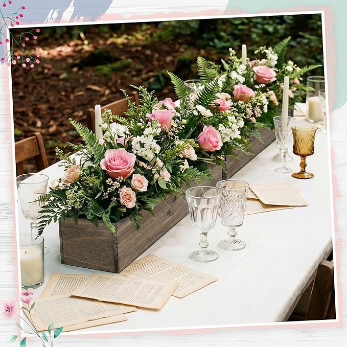 Dandat 2 Set Wood Boxes for Centerpieces 28x5 Inch Rectangle Wooden Planter Box Rustic Wooden Planters with Removable Plastic Liner Floral Foam Blocks for Christmas Wedding Home Garden Decor(Brown)