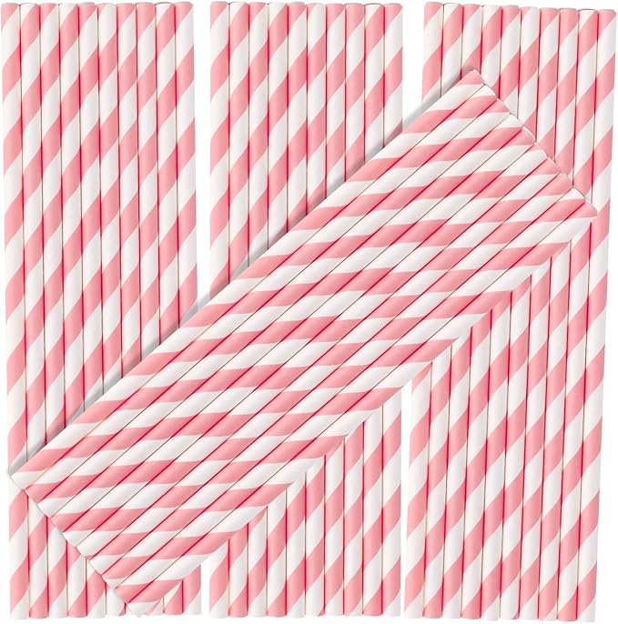 200 Pack Pink Straws Disposable Pink and White Paper Straws Biodegradable Striped Straw for Valentine's Day Christmas New Year Bridal Shower Birthday Wedding Decoration