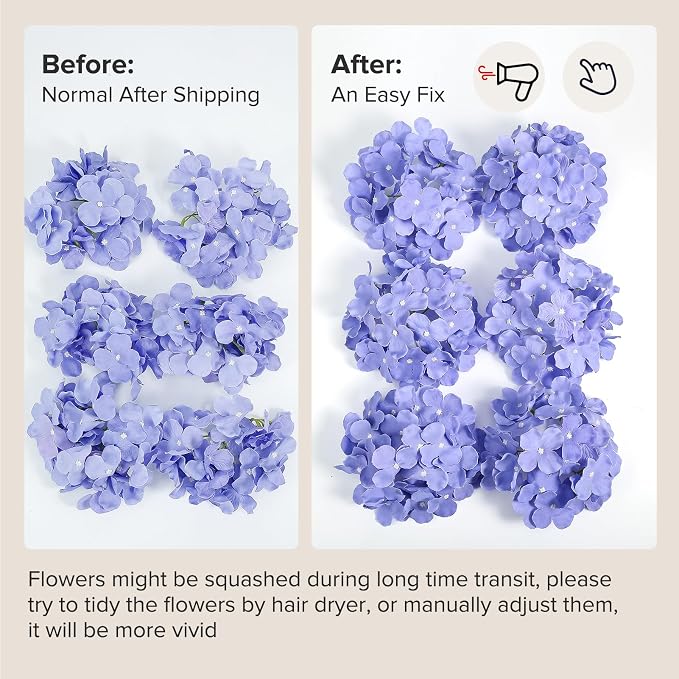 Auihiay 64Pcs Hydrangea Artificial Flowers Bulk, Faux Hydrangea Flowers Heads with Stems for Wedding Centerpieces Engagement Anniversary Birthday Housewarming(Mixed Purple)