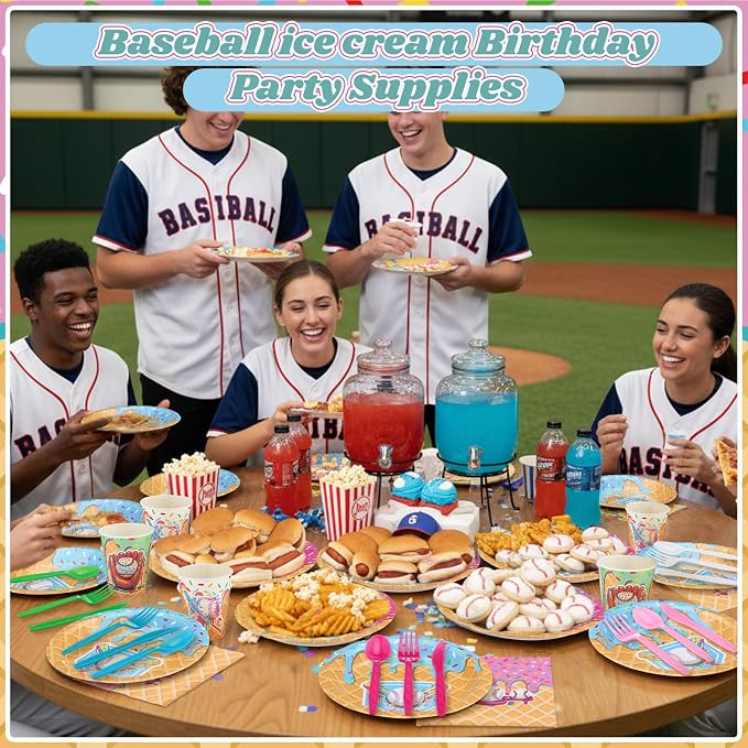 FoldTier 350 Pcs Baseball Ice Cream Dripping Birthday Party Decorations Set Ice Cream Paper Plates Napkins Fork Set Disposable Fairy Tableware Decorations Supplies for Baby Shower Dinner Serves 50