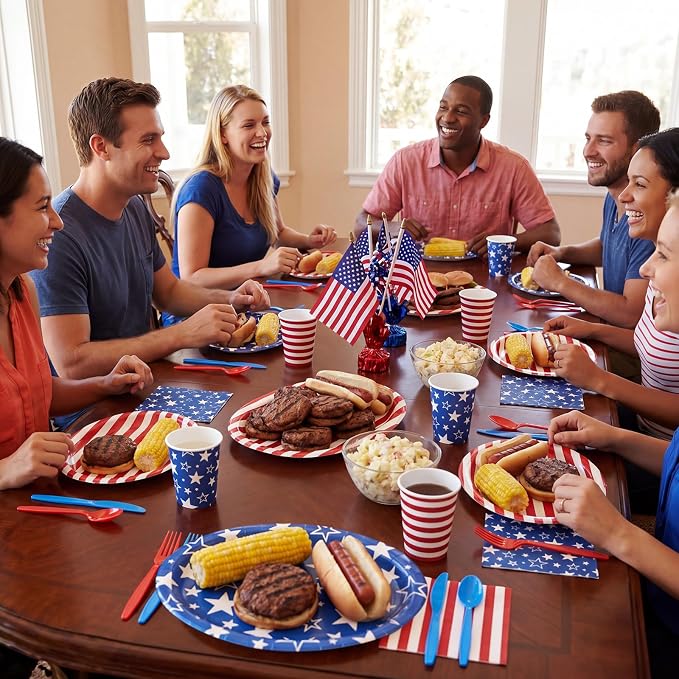 Pajean 350 Pcs 4th of July Party Decorations 12 inch Disposable Patriotic Oval Plates and Napkins Heavy Duty Star Stripe Paper Tableware Set for 50 Guests 250th Independence Party Supplies
