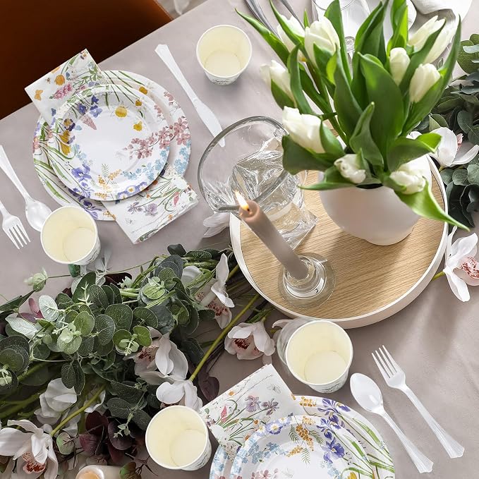 FillTouch 350 Pcs Wildflower Baby Shower Party Supplies Set Floral Bloom Disposable Paper Plates Flower Napkins Cups Knives Forks Spoons for 50 Guests Spring Summer Tea Party Birthday