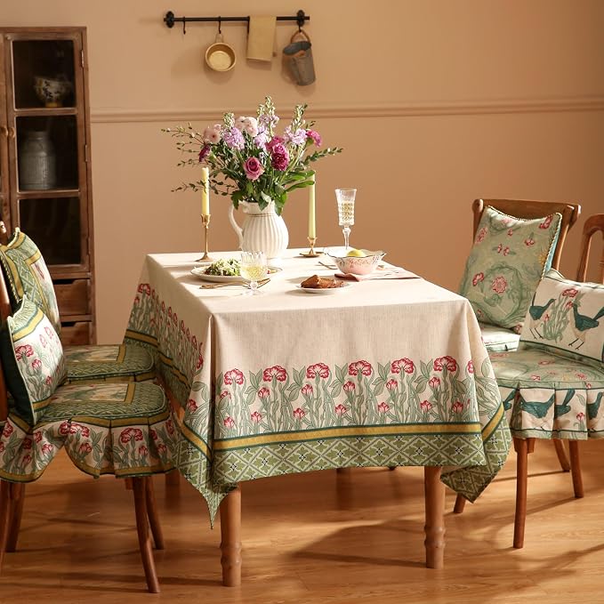 patdrea Vintage French Linen Tablecloth,Rectangular,79"x55"-Cecilia D | Colorful Elegant Table Cloth for Rectangle Table,Floral Vine Patterned,Dining Room Tea Party Thanksgiving Decor