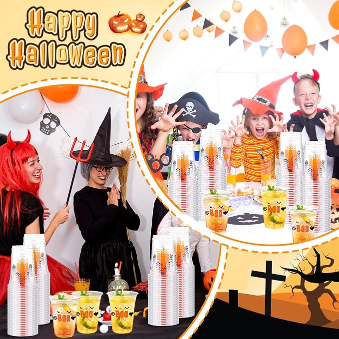 100 Pcs Halloween Plastic Cups Bulk 16 oz Disposable Halloween Boo Party Cups Spooky Clear Plastic Glasses for Trick or Treat Scary Party Supplies Cold Drinks