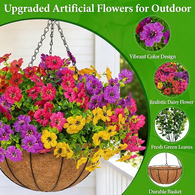 2 Set Artificial Outdoor Flowers with Hanging Basket for Garden Porch Patio Balcony Yard Home Decoration