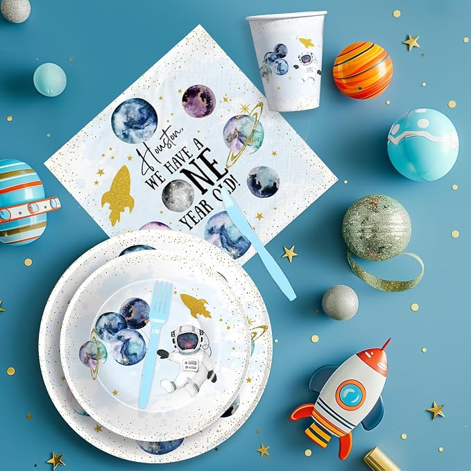 Outer Space First Birthday Party Supplies, Space 1st Birthday Decorations Tableware, Paper Plate, Cup, Napkin, Tablecloth, Cutlery, Houston We Have a One-Year-Old Party Supplies | Serve 24