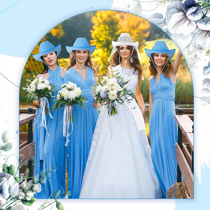 Newcotte 14 Pcs Bride Cowgirl Hat with Veil and Satin Sash Bachelorette Cowboy Hats Set for Wedding Party Bridal Shower Decor