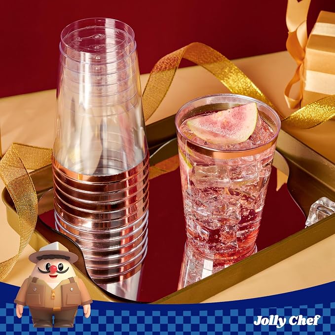 JOLLY CHEF 100 Pack Rose Gold Plastic Disposable Cups, 12 oz Clear Plastic Cups Tumblers, Elegant Rose Gold Rim Disposable Glasses Suitable for Party Wedding