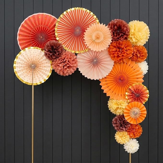 PapaKit 8-Piece Origami Paper Fan Set - Orange & Gold Metallic Hanging Pinwheels β Reusable Wall Backdrop for Birthday, Wedding, Bridal Shower, Baby Shower, & Boho Party Decorations