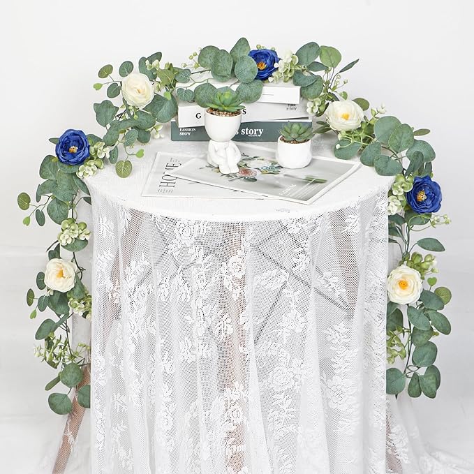 TOCHGREEN 2 Pack 13Ft Artificial Eucalyptus Flower Garland with White and Blue Roses, Fake Rose Flower Greenery Garland Floral Vines for Wedding Home Party Table Runner Decor (Blue White, 2PCS)