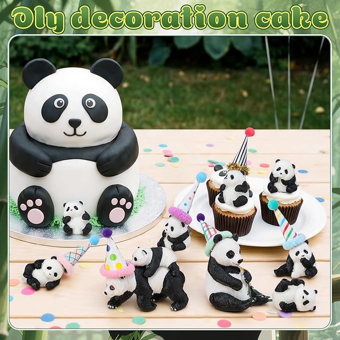 Colingmill 18 Pcs Panda Cake Toppers Birthday Party Decorations Mini Birthday Hat Animal Figure Model Cake Toppers with Mini Hat for Animals Themed Party