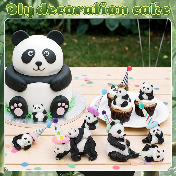 Colingmill 18 Pcs Panda Cake Toppers Birthday Party Decorations Mini Birthday Hat Animal Figure Model Cake Toppers with Mini Hat for Animals Themed Party