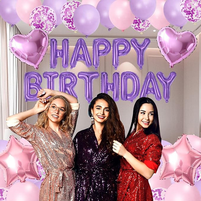 Purple Pink Happy Birthday Balloons Decorations Pink Purple Birthday Balloon Letters Banner with Star Heart Balloon 1000 Pcs Artificial Rose Petals 24 Flameless LED Candles for Birthday Party Supplies