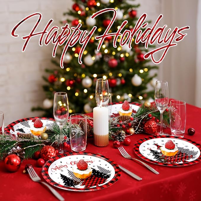 Funnymoom 60 Pcs Red Christmas Paper Plates 9 Inch Xmas Buffalo Plaid Tree Snowflake Disposable Plates Merry Christmas Tree Themed Tableware for Holiday Xmas Winter Party Decorations Supplies