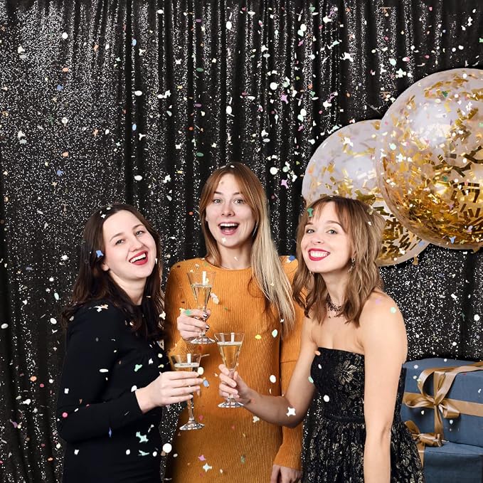 PartyDelight Black Sequin Backdrop 6x6ft 4 Inch Rod Pocket | Dense 3mm sequins on mesh backing with 4 inch rod pocket for full body photos ceremony arches party walls and stage displays