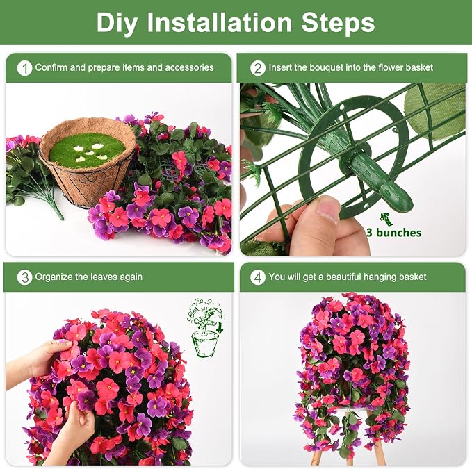 INQCMY Artificial Hanging Flowers Basket for Outdoor Summer Decoration,4pcs Faux Silk Begonia in Planter Look Real UV Resistant for Outside Home Porch Patio Balcony Yard Decor(Orchid Rose Red)