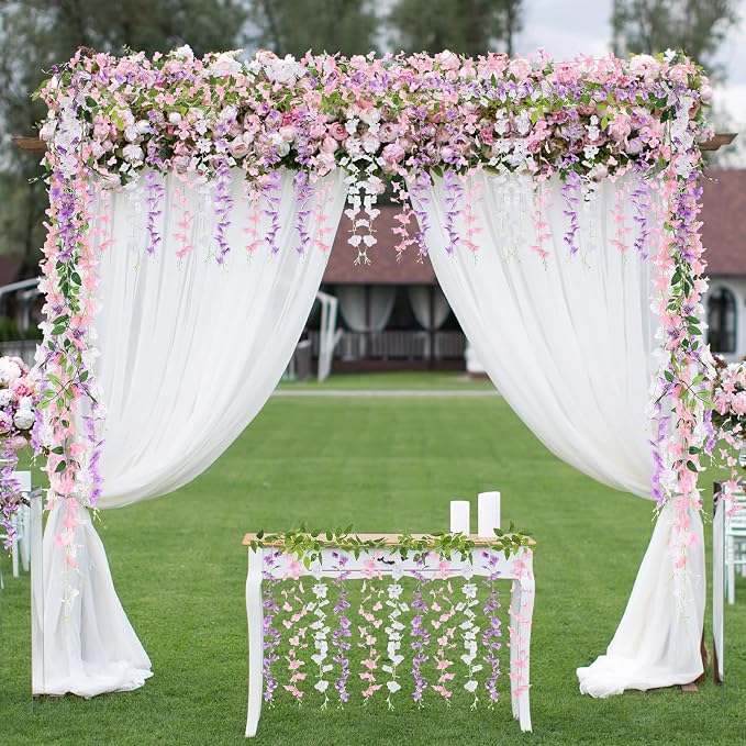 Thiccywoov 4pcs Wisteria Artificial Flowers Garland, 7.2Ft/Piece Wisteria Hanging Flowers Garland for Wedding Arch Decoration Outdoor Ceremony Home Backdrop Garden (Light Purple,White,Light Pink)