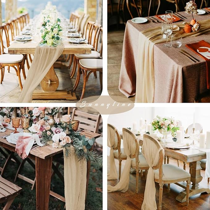 Sand 35 x 120 Inches Long Cheesecloth Table Runner Gauze Fabric 10Ft Boho Table Runner Rustic Sheer Runner for Wedding Baby Bridal Shower Birthday Holiday Party Table Arbor Decor (Sand)