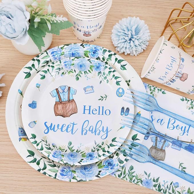 Boy Baby Shower Decorations Plates Set 25 Guests,175 Pcs Blue It's a Boy Baby Shower Decorations Paper Plates Napkins Cups Cutlery Sets