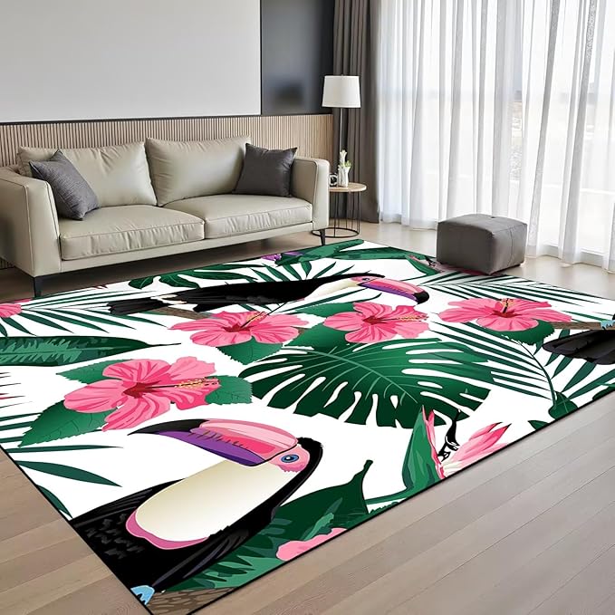 6' x 9' Jungle Living Room Rug Animal Floor Mat Botanical Woodland Floral Birds Carpet Indoor Dining Room Bedroom Porch Playroom Nursery Doormat Room Decor