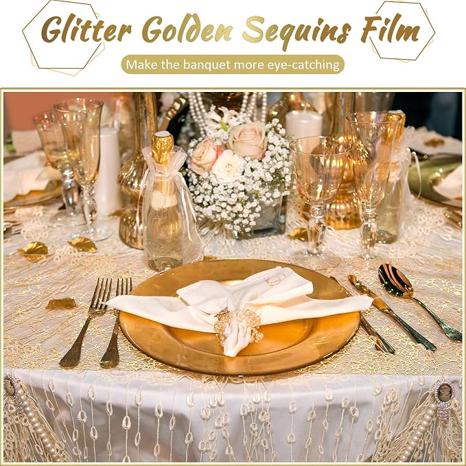 Chumia 12 Pieces Gold Table Runner 20 x 120 Inch Sequin Glitter Table Runner Roll Metallic Thin Mesh Fabric Decor for Party Wedding Shower Birthday Baby Shower Party Supplies