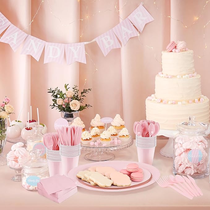 Aodaer 400 Pieces Pink Party Supplies Disposable Dinnerware Set Include Plastic Plates Cups Knives Forks Spoons Paper Napkins for Birthday Wedding Graduation Parties, Serve 50 Guests