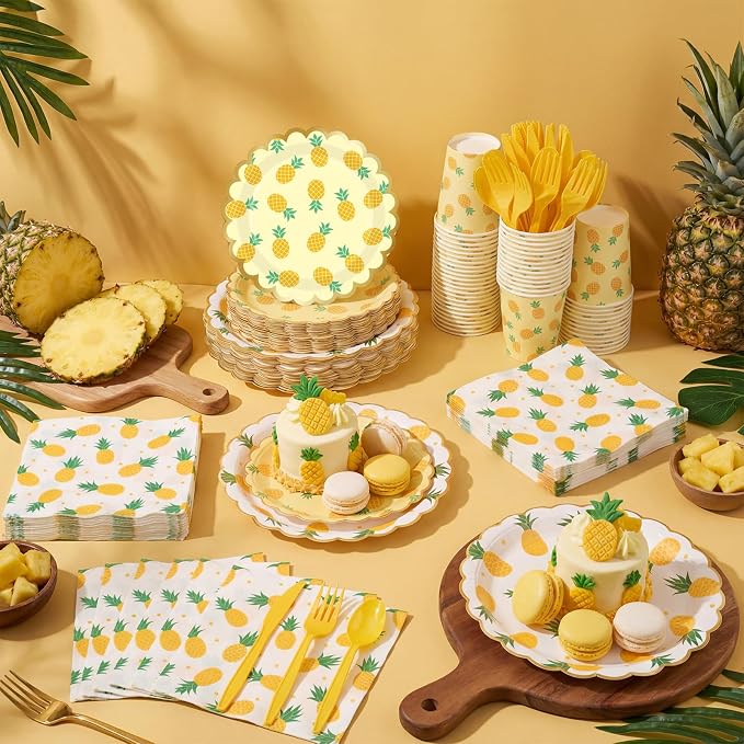 Funnymoom 400 Pcs Pineapple Party Supplies for 50 Guest Summer Fruit Disposable Plates Napkin Cup Spoon Fork Knives for Outdoor Picnic Birthday Baby Bridal Shower Holiday Party Supplies