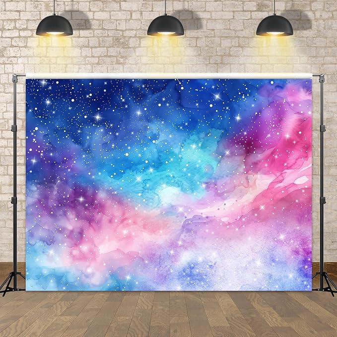 Space Galaxy Backdrop Pink Purple Outer Starry Sky Watercolor Romantic Universe Nebula Planet Night Star Photography Background Decoration for Kids Birthday Fabric Photo Shoot Studio Props