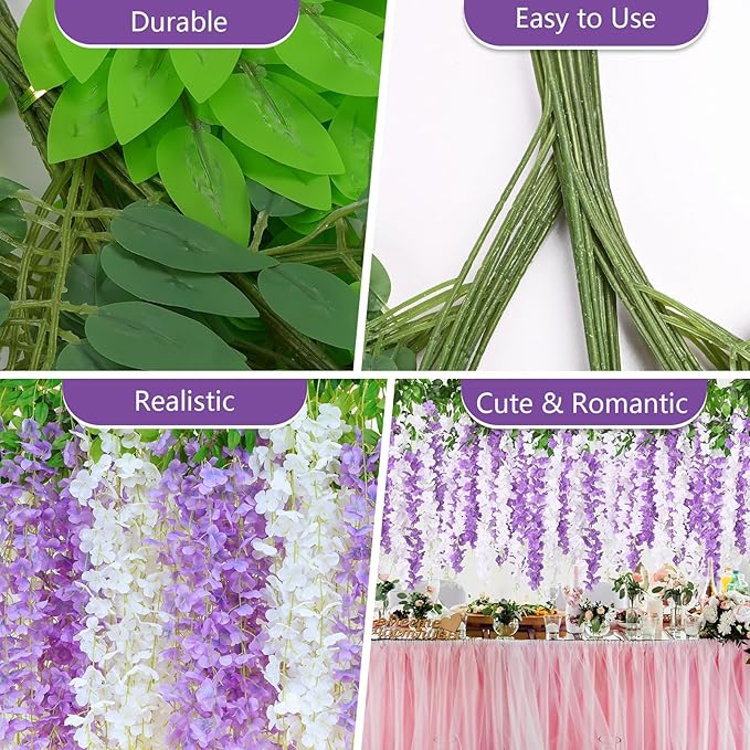 48Pcs Artificial Wisteria Hanging Flowers, 3.6Ft/Pcs White & Purple Fake Wisteria Garland for Wedding Party Home Garden Indoor Outdoor Decoration