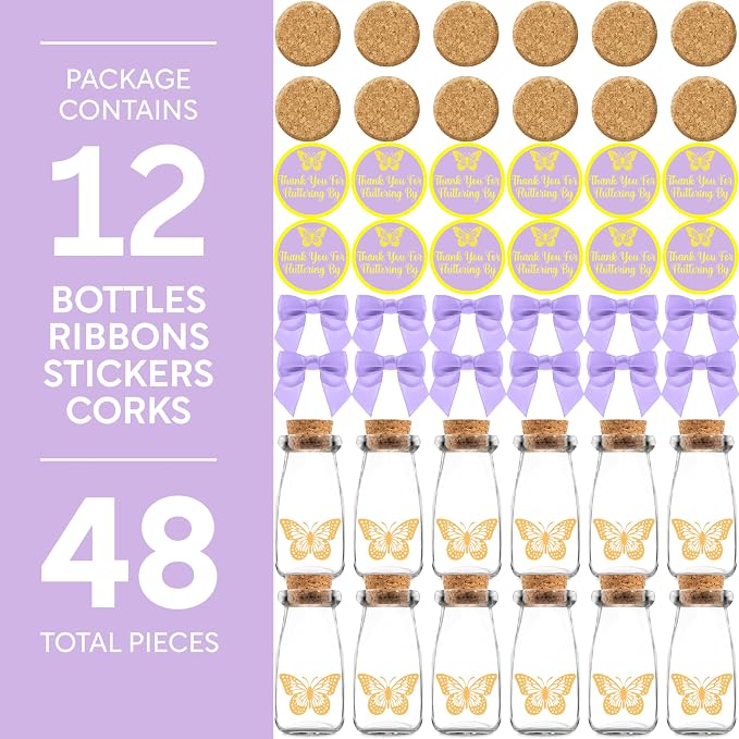 Ethisa Vintage 12 Pack Butterfly Party Favor Glass Bottles with Ribbons and Stickers - Classy Baby Shower and Birthday Favors for Guests and Table Centerpieces Decorations - Purple Theme Candy Jar