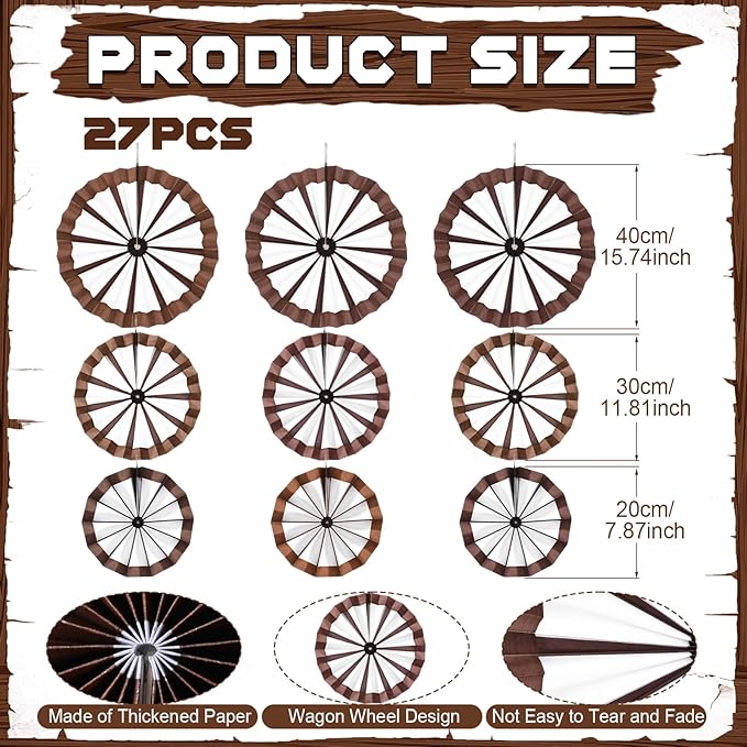 Outus 9 Pcs Western Cowboy Party Decorations Paper Fans Wagon Wheels Straw Hay Bales Hanging Ceiling Wall Decor for Country Western Themed Rodeo Farm Birthday Party Supplies (Wagon Wheels)