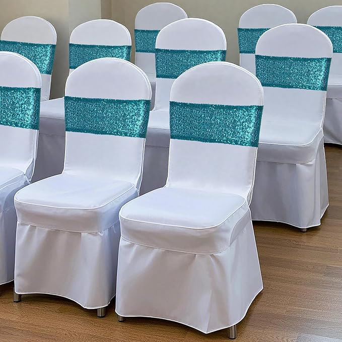 Poise3EHome Teal Sequin Chair Sashes 100 Pack,Folding Chair Cover Bands for Wedding Party Ceremony Banquet Decorations