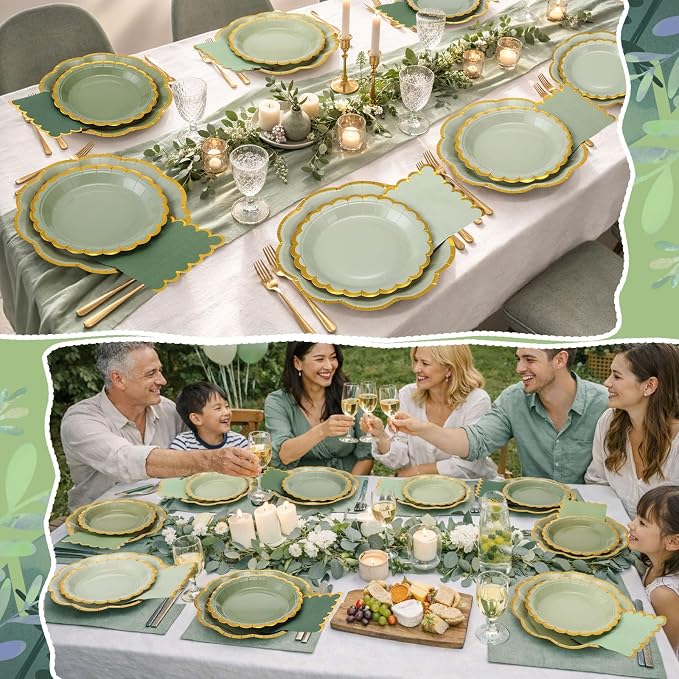 144 Pcs 48 Guests Sage Green Paper Plates and Napkins Green Birthday Party Decorations Disposable Tableware 9 Inch 7 Inch Gradient Scalloped Edge Plates for Baby Shower Wedding Bridal