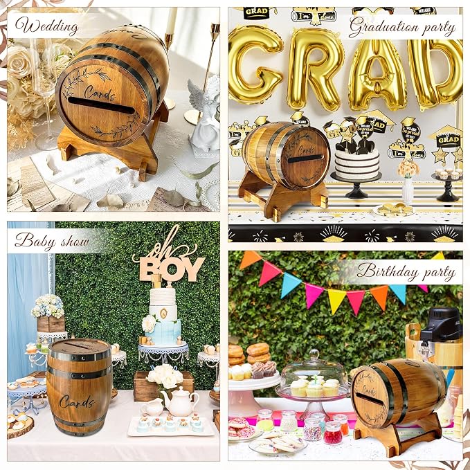 OurWarm Wooden Wedding Card Box for Party with Base, Brown Whiskey Barrel Gift Card Box Holder for Cards Envelops and Money, Rustic Wedding Decor for Graduation Baby Shower Birthday Party