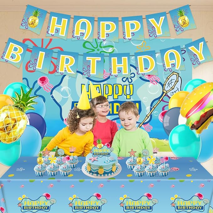 Yellow Happy Birthday Party Decorations Set-Ocean Cartoon Theme Set Including Balloons, Backdrop, Banner, Tablecloth, Hanging Swirls, Cake Cupcake Toppers Birthday Party Decor Supplies for Boys girl