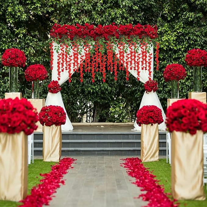 12 Pack Red Wisteria Hanging Flowers, 3.44 Ft Fake Hanging Flowers, Artificial Wisteria Garland Vines for Wedding Room Backdrop Outdoor Patio Garden Valentine's Decoration
