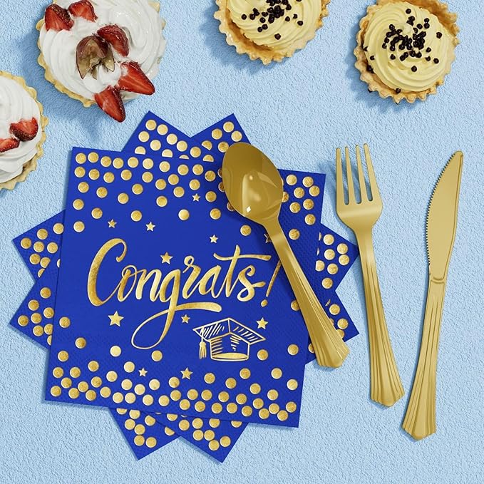 Ecomore 2026 Graduation Party Decoration - 350 PCS Blue Gold Grad Supplies Disposable Dinnerware (Severs 50) w/ Congrats Paper Plates Napkin Cup Plastic Cutlery for College High School Class of 2026