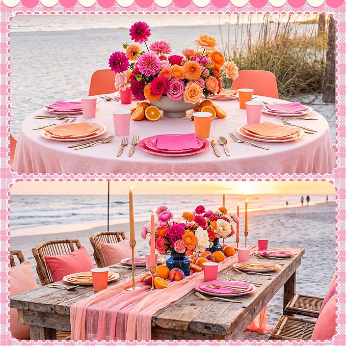 Zhehao 350 Pcs Pink and Orange Plates and Napkins Hot Pink Orange Party Disposable Tableware Kit with Plates, Cups, Napkins, Cutlery for Sunset Neon Baby Shower, Birthday, Wedding Party Supplies