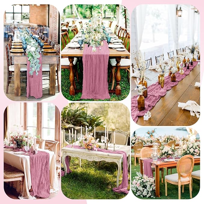 12 Pack Dusty Rose Cheesecloth Table Runner, 10FT Cheesecloth Rustic Boho Table Runner Long Romantic Semi Sheer Table Runner for Wedding Birthday Bridal Shower Party Decorations(21.5×120 Inch)