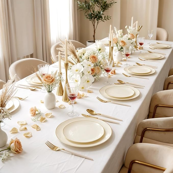 DaYammi 150Pcs Ivory Plastic Plates with Gold Rim,Disposable Plastic Plates Include 30 Dinner Plate,30 Salad Plate,30 Forks,30 Spoons,30 Knives,Ivory and Gold Plates for Party,Wedding,Mother's Day