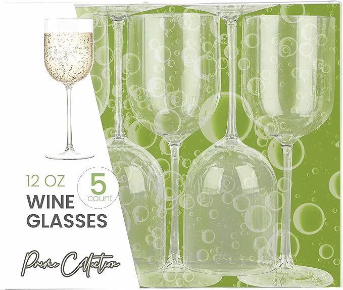 PLASTICPRO Clear Plastic Wine Glasses Set of 25 Elegant Wine Goblets Hard Plastic Wine Cups on Stem 12 Ounce